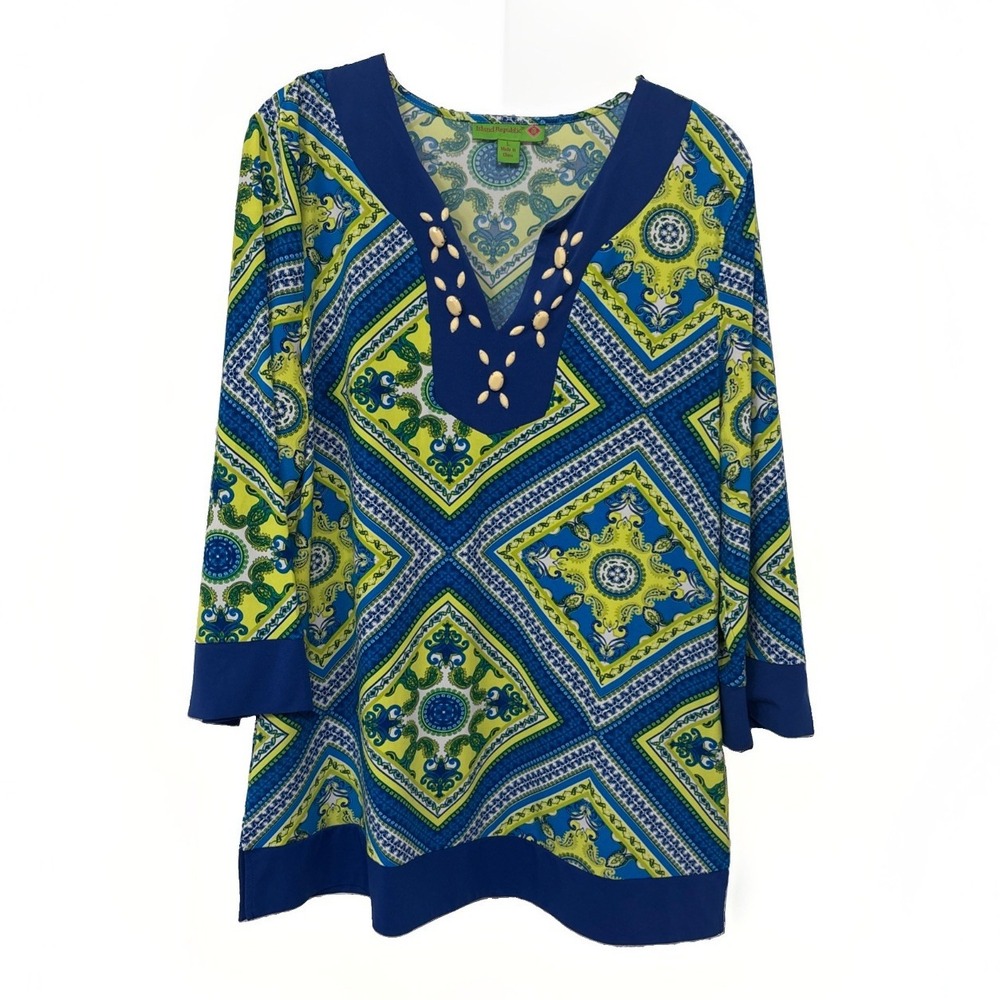 Island Republic Womens Tunic Top Paisley Embellished Neckline Sz L Blue Yellow